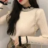 Pulôveres neploe camisa mujer vintage pull femme suporte pescoço fungo borda contraste cor retalhos jumpers manga longa chique botões camisola