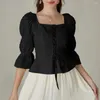 Women's T Shirts SD Women Blus Vintage Renaissance Cotton Tops 3/4 Virago Sleeve Square Neck Ruffled Hem Shirt 2024