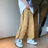 Calças masculinas verão cáqui perna larga hip hop oversized baggy bolso elástico cintura reta moda carga calças homem