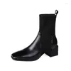 Stiefel Damen Schwarz Herbst PU Mode Mid-Calf Slip-On Square Toe Solide Damenschuhe für Frauen