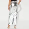 Sexy Sparkly Slit Luxe Lange Rokken Vrouwen Hoge Taille Metallic Groen Slanke Maxi Rok Zomer Elegante Verjaardagsfeestje Kleding 240222