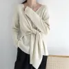 Pullover Chic Donna Cardigan lavorato a maglia con lacci Maglioni irregolari Pullover con scollo a V Casual Maglieria a maniche lunghe con cintura OL Top Sueter Mujer