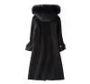 Fur 2020 New Arrival Winter Vintage Must Have Coat Natural Lamb Sheep Fur Overcoat hood Design and Real Fox Fur Collar