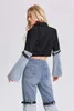 Dames tweedelige broek denim patchwork jas dames jeans hoge taille recht PU lederen gesp mode streetwear trend broeksets