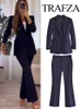 Trafza Womens Casual Blazer Business Office Suit Navy High midja Slim Wedding Dress Tuxedo Party Pants 2piece Set 240226