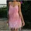 2023 Ny Sexig Tassel -paljetter Fjäder Mini Kvinnor Spaghetti Strap Ing Dresses Female Elegant Evening Party Club Dress