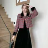 Luxury Tweed Two Piece Set Autumn Women Single-Breasted Lapel Short Jacket Coat Sexy Spaghetti Straps Velvet Midi Dress Suits 240223