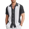 Мужские повседневные рубашки, рубашка для боулинга, летняя удобная рубашка с короткими рукавами и манжетами с цветными блоками, уличная одежда, повседневная одежда, мода 1950-х годов