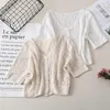 Women's Blouses TingYiLi V-neck Hollow Out Crochet Top Women Summer Button-Front Short Sleeve Knit Shirts Korean Style Ladies White Crop