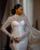 Designer Mermaid Lace Wedding Dresses Beaded Bridal Gowns With Detachable Train Long Sleeves Sequined High Neckline Satin Vestido De Novia