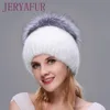 Jinbaosen mode winter warme vrouwen brei caps nertsen hoeden met bont verticaal geweven top 240227