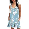 Casual Dresses Women Summer Sleeveless Midi Print Tank Vest With Pockets Floral Skirts Loose Fit Short Flowy Pleated Dress