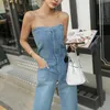 Damesjeans Jeans Zomertaille Wijde pijpen Strapless Mouwloos Off-the-shoulder Blauwe denim jumpsuit 240304