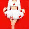 Stage Wear Big Bow Headwear White Fur Top Skirt Christmas Jazz Dancer Costume Nightclub Dj Party Outfit Rave Clothes XS7445