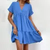 Kleid Casual Frauen Kurzarm Mini Kleid 2023 Frühling Sommer Vneck Lose Kleider Nette Solide Big Hem Strand Kleid Robe de Plage