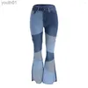 Jeans femininos mulheres jeans cintura alta bolsos botão voar mulheres cor bloco perna larga flare denim calças roupas diárias 240304