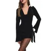 Casual Dresses Women Cowl Neck Ruched Dress Vintage Long Sleeve 3D Flower Bow Shoulder Slim Fit Mini Party Club Dating