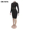 Robes décontractées CM.YAYA Femmes Diamants Strass Rayé Moulante Midi Stand Col Robe Noire 2024 Automne Sexy Party Club Robes