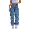 Women's Jeans Cargo Middle Waist Vintage Blue Multiple Pockets Jeans Hip Hop Y2k Trousers 240304