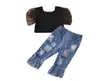 Retailwhole menina preto tee pérola jeans treino conjuntos de roupas 2 pçs conjunto tophole tassel pant meninas roupas crianças designers6681838