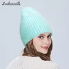 Cappello d'angora da donna Joshuasilk invernale lavorato a maglia per ragazza con bavero doppio con fodera1260w