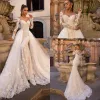 Champagne Lace Mermaid Dresses Sheer Tulle Long Sleeves Sweep Train Wedding Bridal Gowns Robes De With Detachable Skirt Bc2919 0415