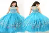 2017 Nieuwe Pure Hoge Hals Kralen Kristal Mouwloze Baljurk Turquoise Tule Bloemenmeisjes Jurken RACHEL ALLAN Meisjes Pageant Dresse8799469