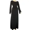 Casual Dresses Solid Color A-line Dress Elegant U Neck Long Sleeve Maxi With Slim Fit Design Lace Up Back Strap For Women