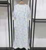 Casual Dresses Viscose 2024 Summer Dress V-neck Lace Trim Stitching Print High Waist Long For Women