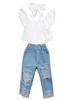3 stycken set babykläder mode baby vit jacka hål jeans bågar huvudkläder barn kvinnkläder set 2020 30JX K28187630
