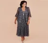 Plus Size Grau Spitze Mutter der Braut Kleider Mit Jacke Tee Länge Hochzeit Party Kleid Formale vestido de renda Nach Maß 2864914