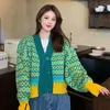 حياكة النساء المحصول الأخضر V-deace Sweater Graphic Winter Button Cardigan قمم متماسكة قصيرة للمرأة بلوزة حرارية طويلة أزياء 2024 دافئة