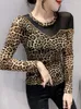 Women's T Shirts Spring Autumn TShirts Slim Fit Round Collar Printed Leopard Patched Mesh Long Sleeve T-shirt Women Trendy Tops