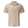 Camicie casual da uomo Camicia a maniche corte in misto cotone e lino Tinta unita Camicia a maniche corte con bottoni e bavero Top Abbigliamento Chemise Homme