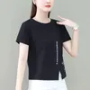 T-shirts pour femmes T-shirts pour femmes été ourlet fendu à manches courtes lettres col rond Style coréen décontracté femme haut t-shirt goutte ZBBA74