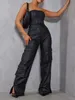 LW Bandeau zwarte jumpsuits kunstleer sexy effen zak casual effen streetwear PU mouwloze lange broek 240304
