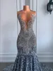 Sexy Sier Long Sparkly Sequined Mermaid Prom Dresses 2024 Sheer O-Neck Beaded Crystals Diamond Black Girl Evening Party Gowns 0304