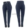 Kvinnors jeans 5xl midja jeans för 3Color Denim Bodycon Tassel Belt Bandage Push Up Woman NK004 240304