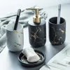 Badrumstillbehör Ställ svart guld marmor med tandborstehållare Lotion Dispenser Soap Dish Tumbler Home Organizer 240228