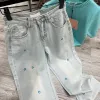 denim jeans damesjeans hoge taille losse wijde pijpen broek mode casual letters gewatteerde uitlopende broek Slanke dunne damesbroek met lange pijpen