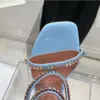 최고 품질의 Amina Muaddi Blue Real Silk Sandals 95mm 크리스탈 장식 스트랩 스풀 힐 힐 로마 신발 여성 여름 샌들 879