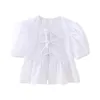 Women's Blouses Girls Cute Pink Puff Sleeve Short Tops 2024 Spring Woman Sweet Solid Lacing Blouse Female Casual