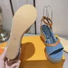 12cm Helios Wedge Sandals New Women Platform Heels Designer Shoes Blue Denim Summer Beach Sandal Braided Rope Sole Fashion Letter Printing Check Canvas Leather 35-24