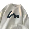 韓国人のスウェットシャツ快適なワッフルファブリッククルー首のスウェットシャツウェーブプリントカジュアルルーズスポーツプルオーバーストリートウェアフーディー240228