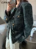 CJFHJE Autumn Winter Loose Retro Tweed Jackets Kvinnor Elegant Luxury Green Plaz Blazers Female Korean Fashion Oneck Suit Coats 240226