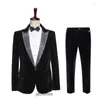 Pakken Mens Black Veet Suit Wedding Banquet avondfeestje Tuxedo Rhinestones Rapel Collar Blazer Pants 2 -delige set