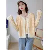 Frauen Strick Plaid Pullover Mantel Weste Zwei-Stück Set 2024 Herbst Lose Sanfte V-ausschnitt Strickjacke Kleidung