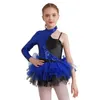 Palco desgaste crianças meninas lantejoulas jazz vestido de dança latina mangas assimétricas contraste mini tule saia ballet trajes de collant