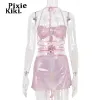 Suits PixieKiki 2023 Glitter Pink Two Piece Set Fairy Grunge Crop Top Mini Skirt Summer Clothes Sexy Club Rave Festival Outfit P82CA11