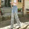 Damenjeans Jeanshose Frau und Caprihose gerades Bein mit Strass transparente Spitze Grunge Frühlingshose Hose 240304